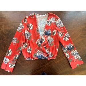 NA-KD Floral Satin Wrap Crop Top Long Sleeve Orange Boho 34 XS